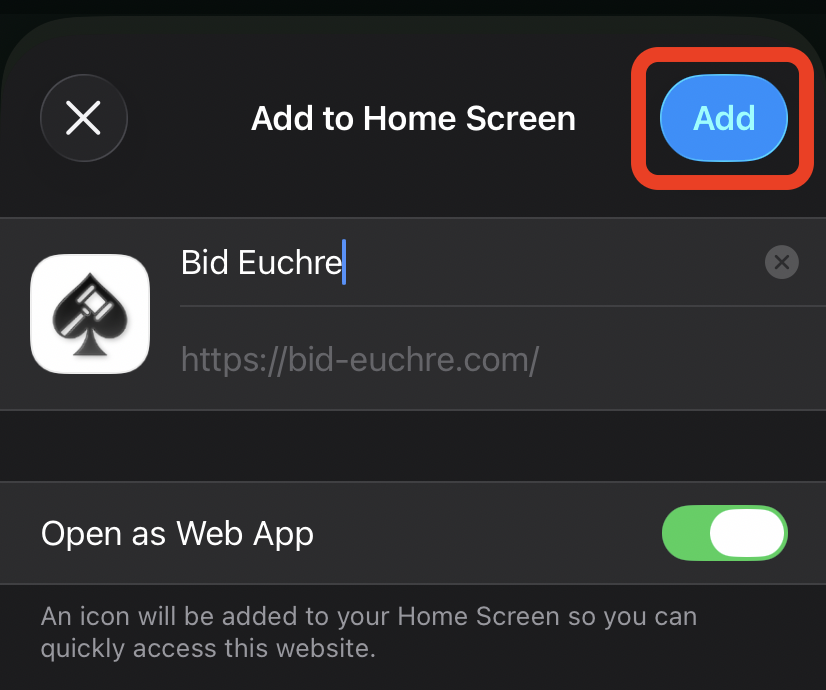 Add to Home Screen dialog with the Add button in the top corner
